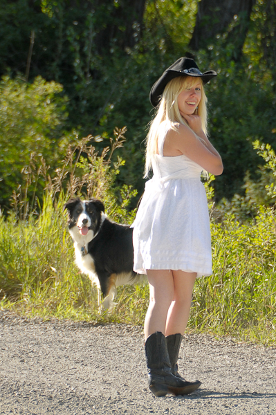senior portrait, pet, dog, cowboy hat, boots, girl, white dress